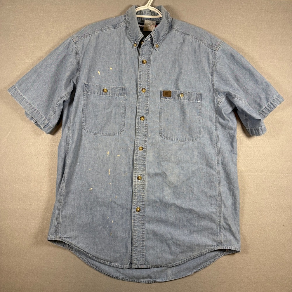 Wrangler Mens Shirt Riggs Workwear L Blue Denim 2-Pocket Distressed Short Sleeve - Picture 2 of 8